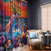 Hawaiian Lei Day Window Curtain Dolphins with Colorful Corals and Romantic Sunset LT03 - Polynesian Pride
