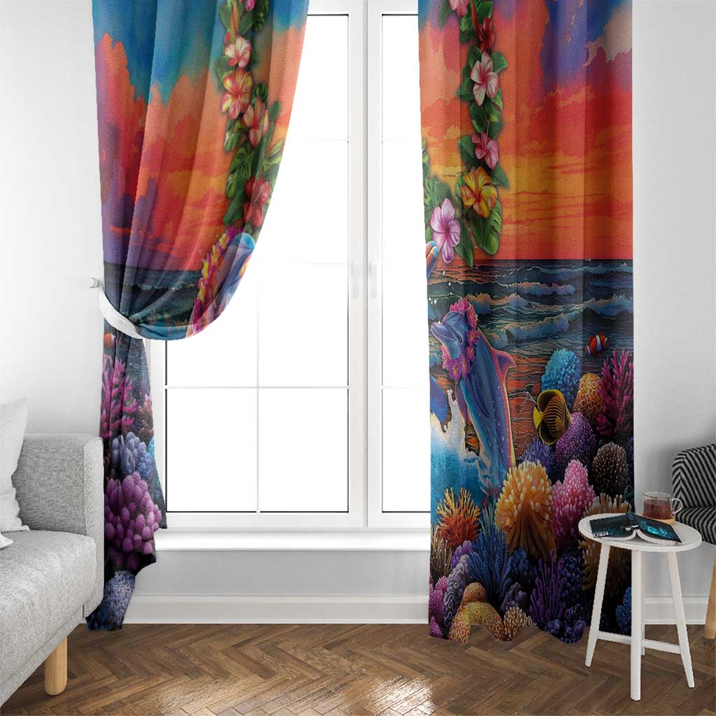 Hawaiian Lei Day Window Curtain Dolphins with Colorful Corals and Romantic Sunset LT03 - Polynesian Pride
