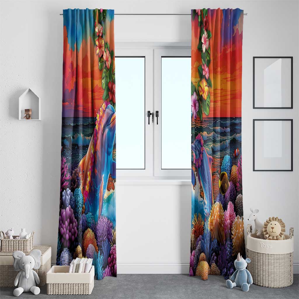 Hawaiian Lei Day Window Curtain Dolphins with Colorful Corals and Romantic Sunset LT03 - Polynesian Pride