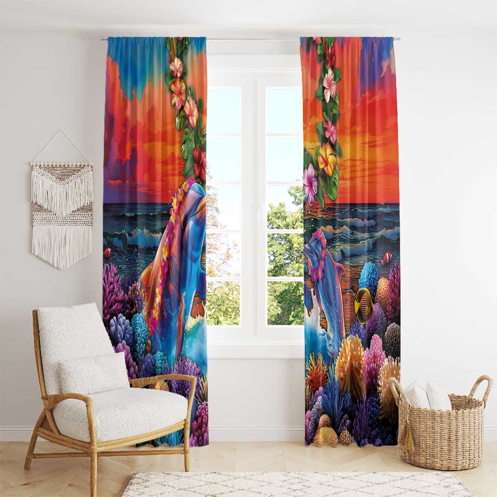 Hawaiian Lei Day Window Curtain Dolphins with Colorful Corals and Romantic Sunset LT03 - Polynesian Pride
