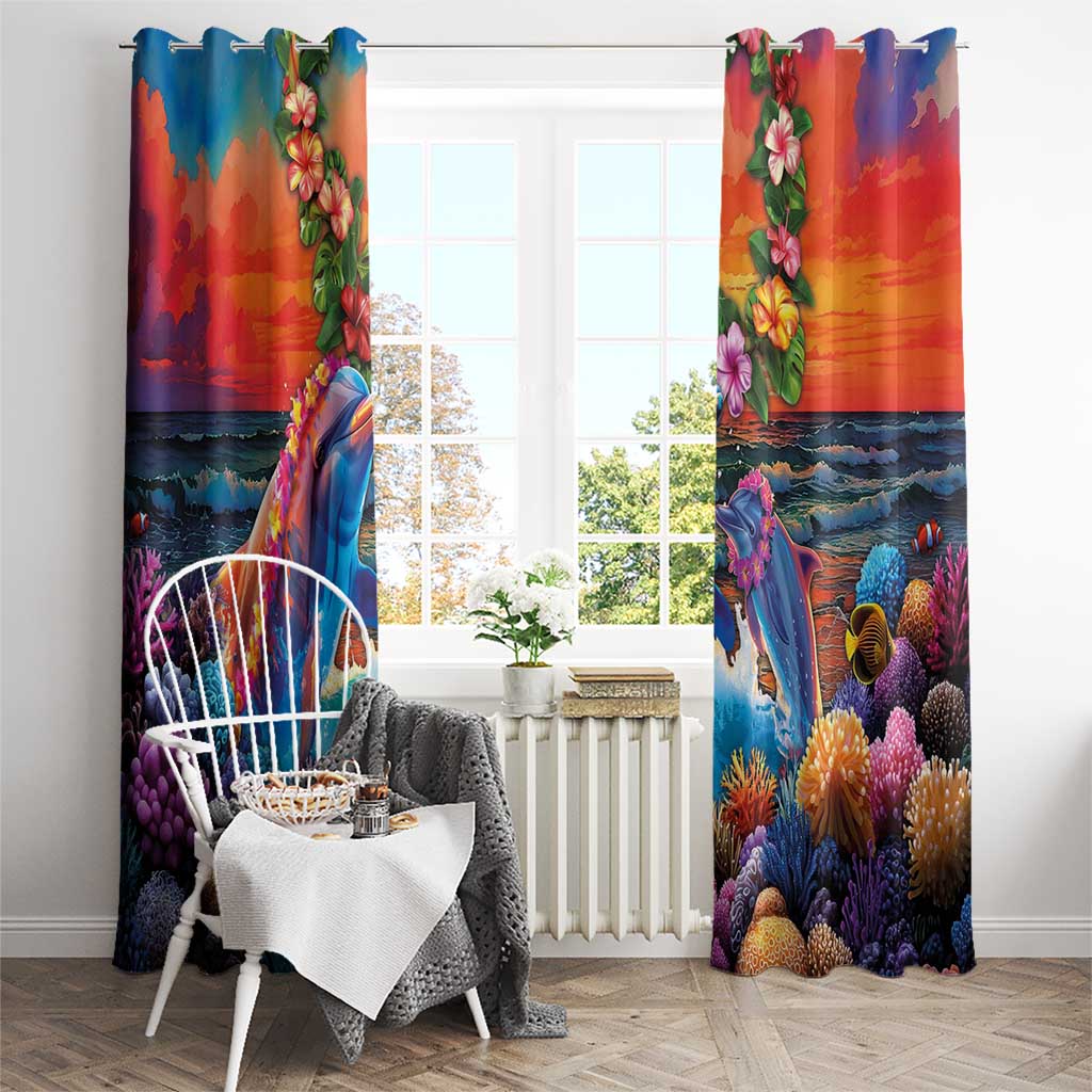 Hawaiian Lei Day Window Curtain Dolphins with Colorful Corals and Romantic Sunset LT03 - Polynesian Pride