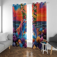 Hawaiian Lei Day Window Curtain Dolphins with Colorful Corals and Romantic Sunset LT03 With Grommets Orange - Polynesian Pride