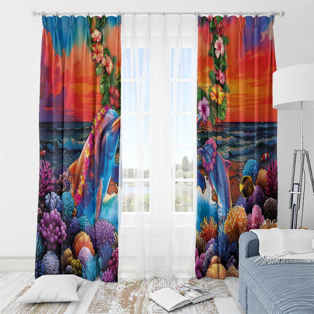 Hawaiian Lei Day Window Curtain Dolphins with Colorful Corals and Romantic Sunset LT03 - Polynesian Pride