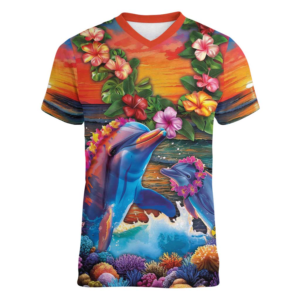 Hawaiian Lei Day Women V-Neck T-Shirt Dolphins with Colorful Corals and Romantic Sunset LT03 Female Orange - Polynesian Pride