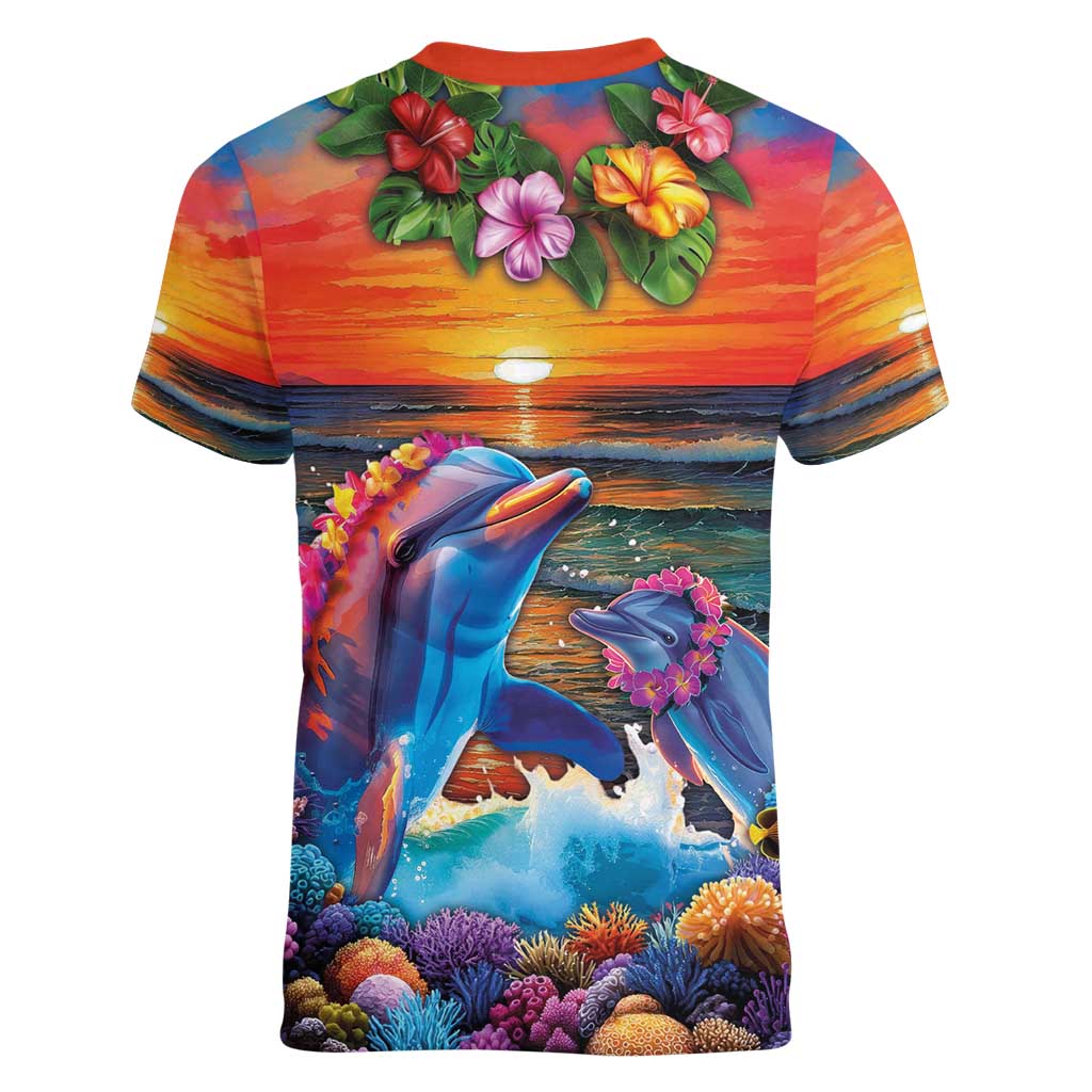 Hawaiian Lei Day Women V-Neck T-Shirt Dolphins with Colorful Corals and Romantic Sunset LT03 - Polynesian Pride