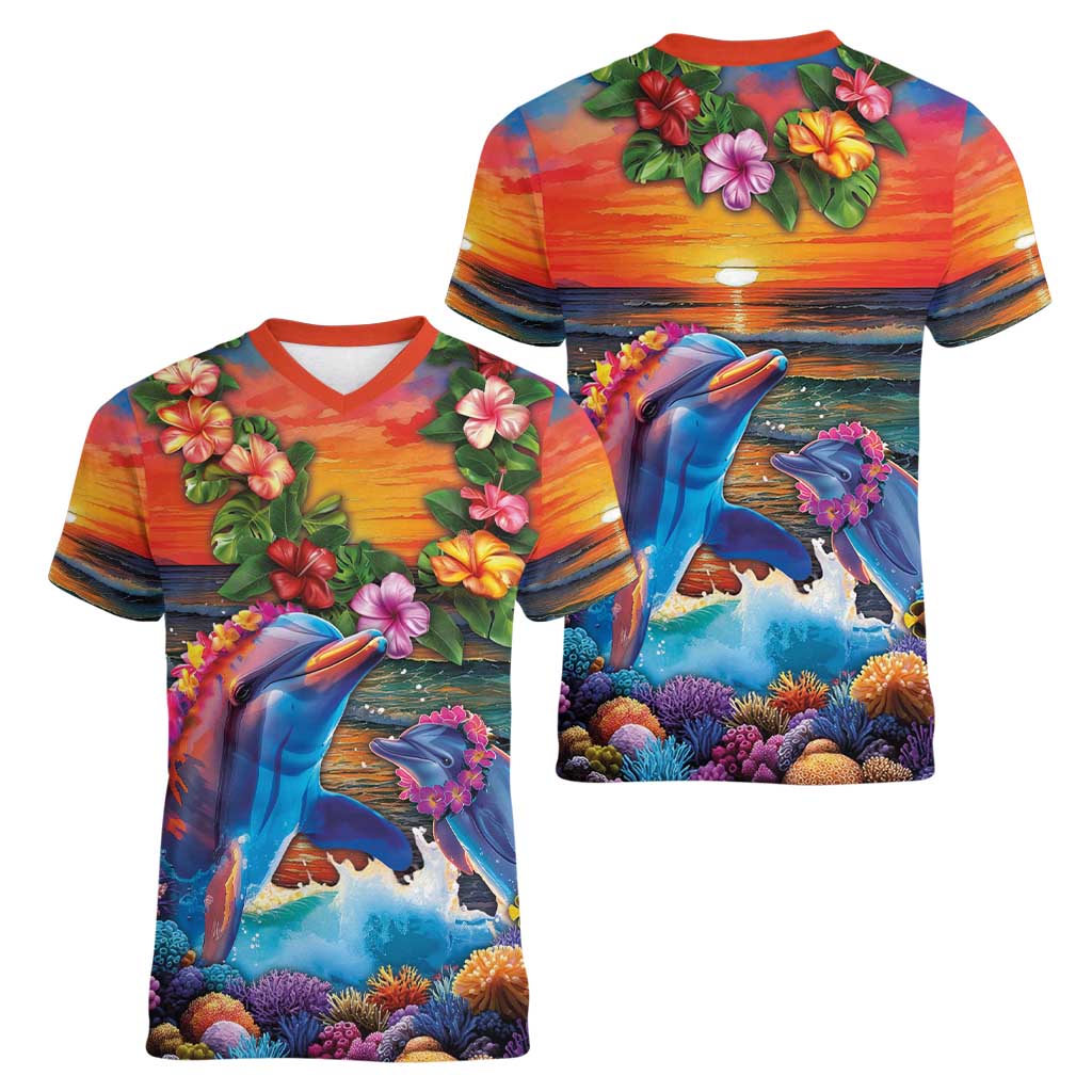 Hawaiian Lei Day Women V-Neck T-Shirt Dolphins with Colorful Corals and Romantic Sunset LT03 - Polynesian Pride