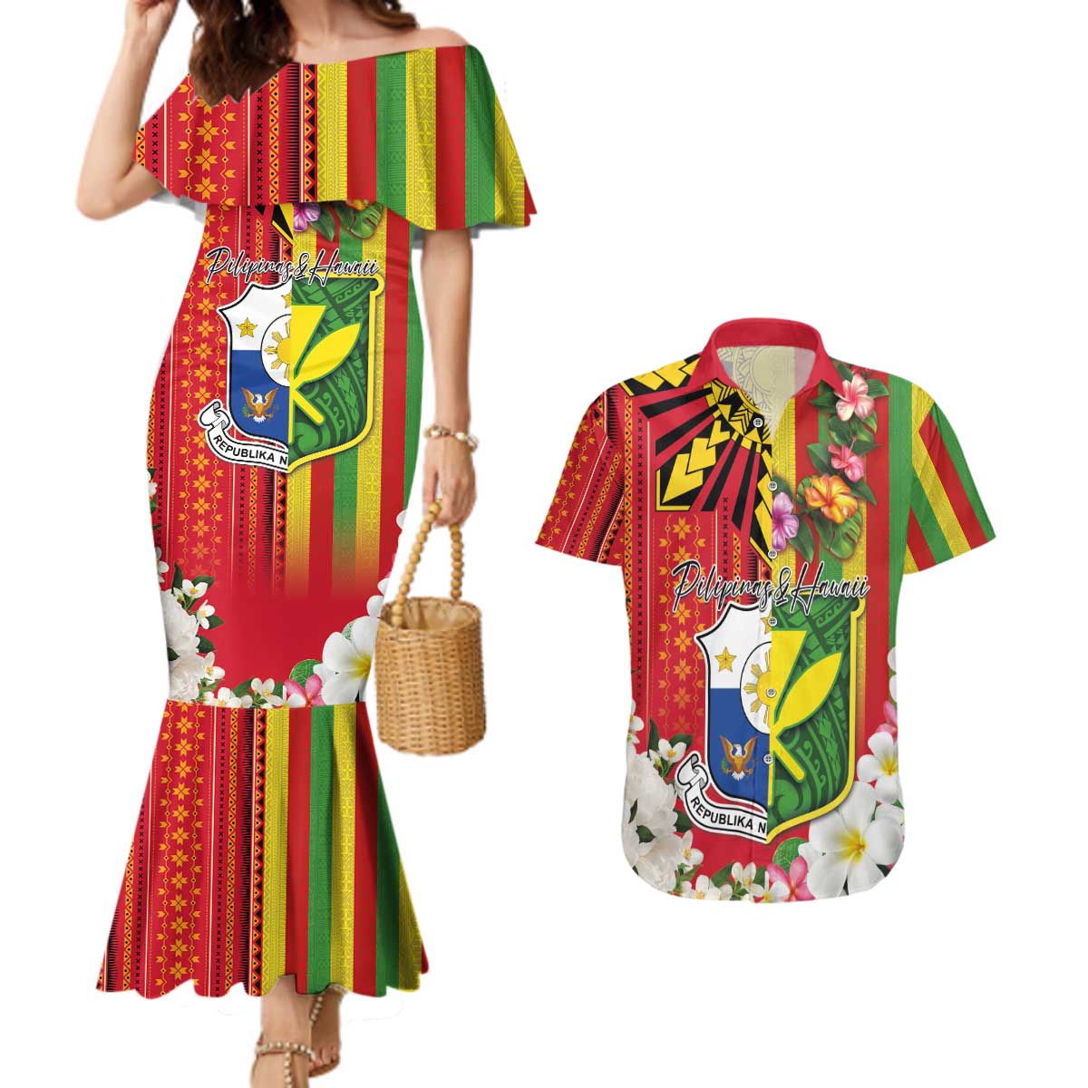 Personalised Hawaii and Philippines Together Couples Matching Mermaid Dress and Hawaiian Shirt The Emblems with Cultural Symbols Green-Yellow-Red Tricolor