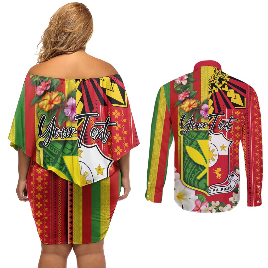 Personalised Hawaii and Philippines Together Couples Matching Off Shoulder Short Dress and Long Sleeve Button Shirt The Emblems with Cultural Symbols Green-Yellow-Red Tricolor
