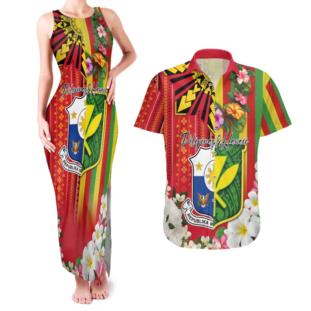 Personalised Hawaii and Philippines Together Couples Matching Tank Maxi Dress and Hawaiian Shirt The Emblems with Cultural Symbols Green-Yellow-Red Tricolor