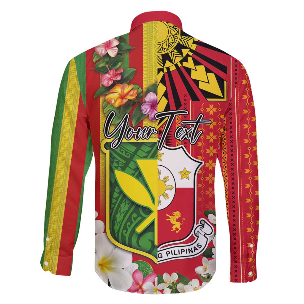 Personalised Hawaii and Philippines Together Family Matching Long Sleeve Bodycon Dress and Hawaiian Shirt The Emblems with Cultural Symbols Green-Yellow-Red Tricolor