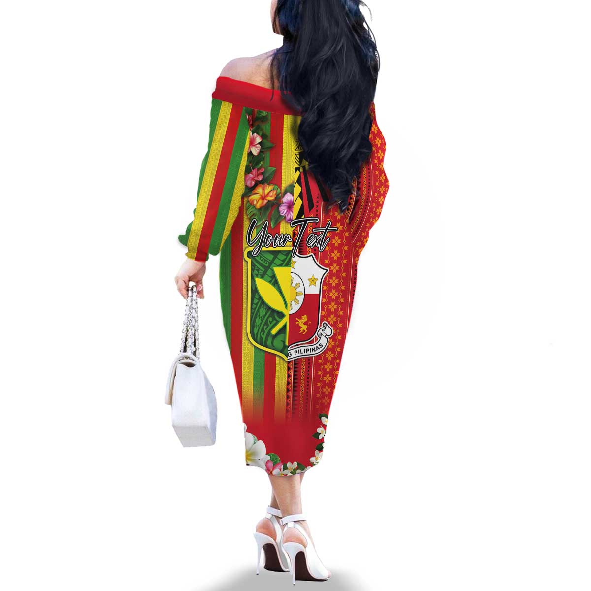 Personalised Hawaii and Philippines Together Family Matching Off The Shoulder Long Sleeve Dress and Hawaiian Shirt The Emblems with Cultural Symbols Green-Yellow-Red Tricolor
