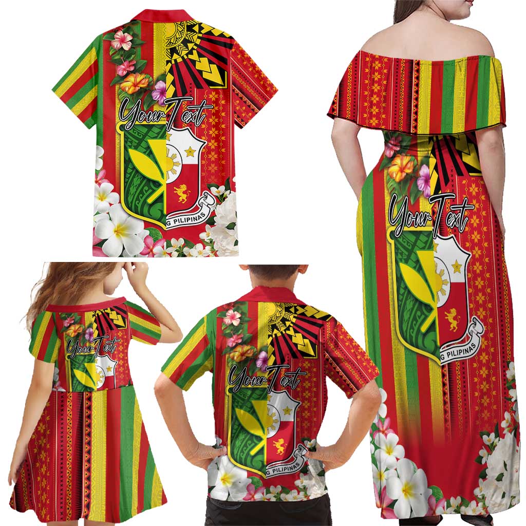 Personalised Hawaii and Philippines Together Family Matching Off Shoulder Maxi Dress and Hawaiian Shirt The Emblems with Cultural Symbols Green-Yellow-Red Tricolor