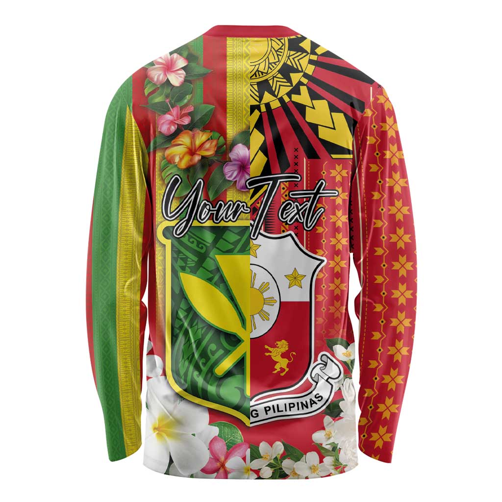 Personalised Hawaii and Philippines Together Long Sleeve Shirt The Emblems with Cultural Symbols Green-Yellow-Red Tricolor