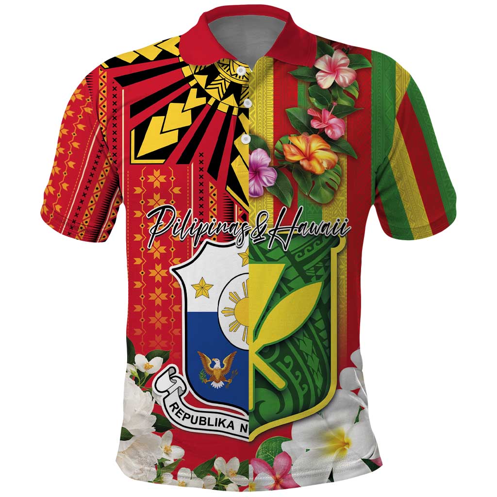 Personalised Hawaii and Philippines Together Polo Shirt The Emblems with Cultural Symbols Green-Yellow-Red Tricolor