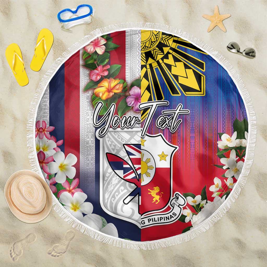 Personalised Hawaii and Philippines Together Beach Blanket The Emblems with Cultural Symbols Blue-White-Red Tricolor