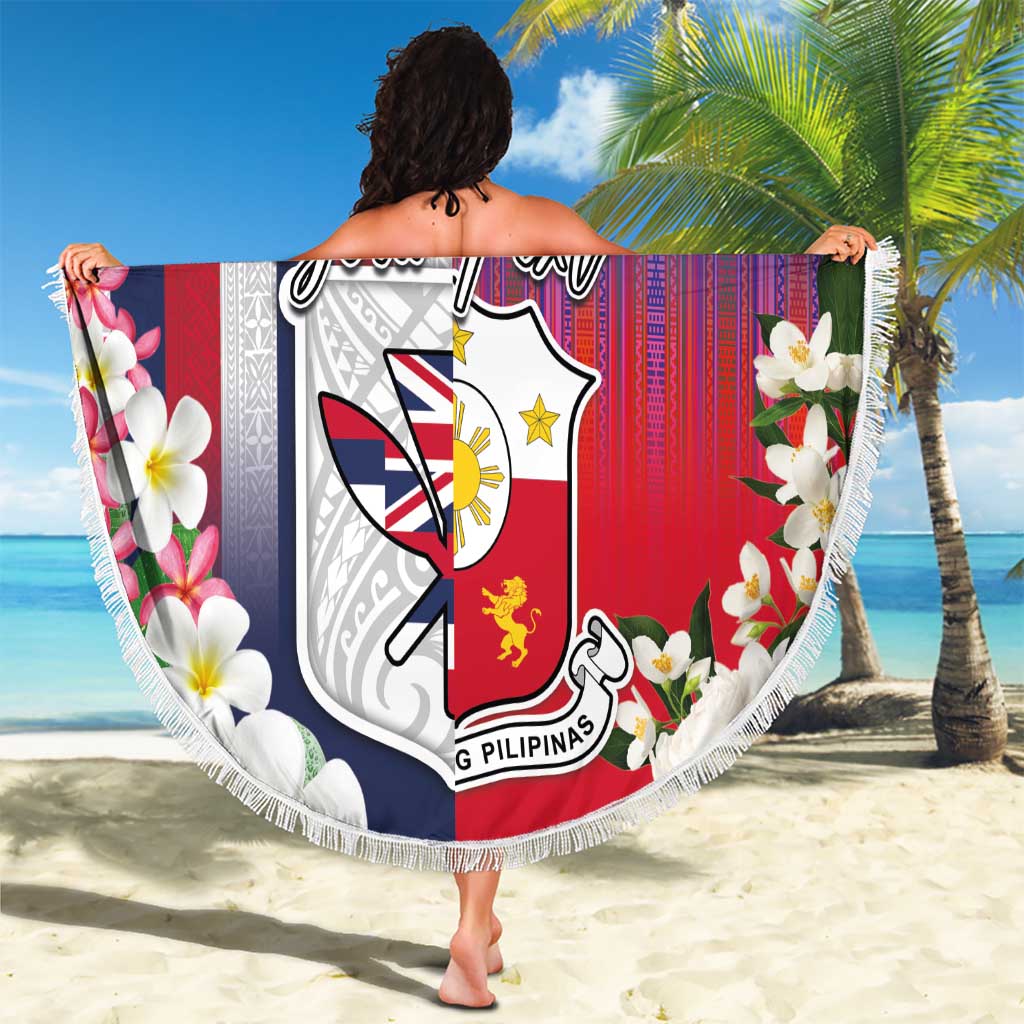 Personalised Hawaii and Philippines Together Beach Blanket The Emblems with Cultural Symbols Blue-White-Red Tricolor