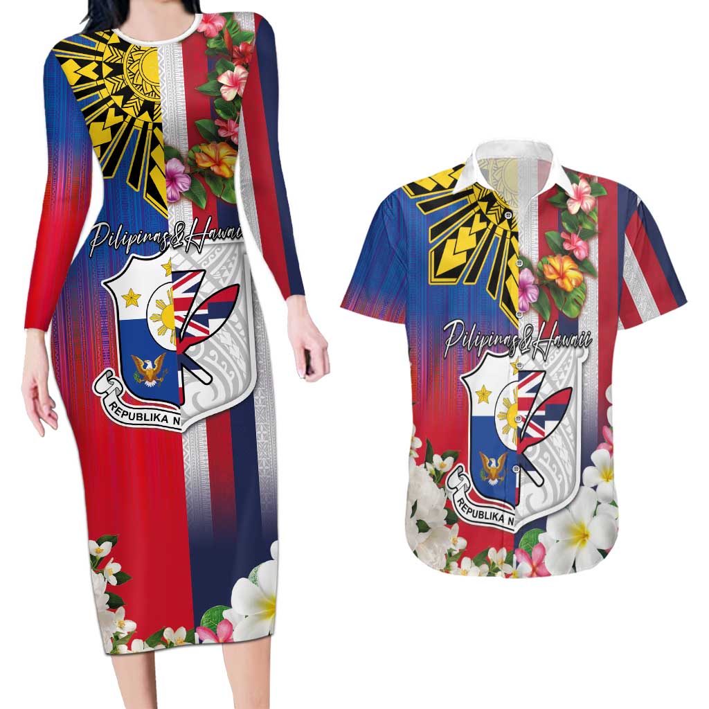 Personalised Hawaii and Philippines Together Couples Matching Long Sleeve Bodycon Dress and Hawaiian Shirt The Emblems with Cultural Symbols Blue-White-Red Tricolor