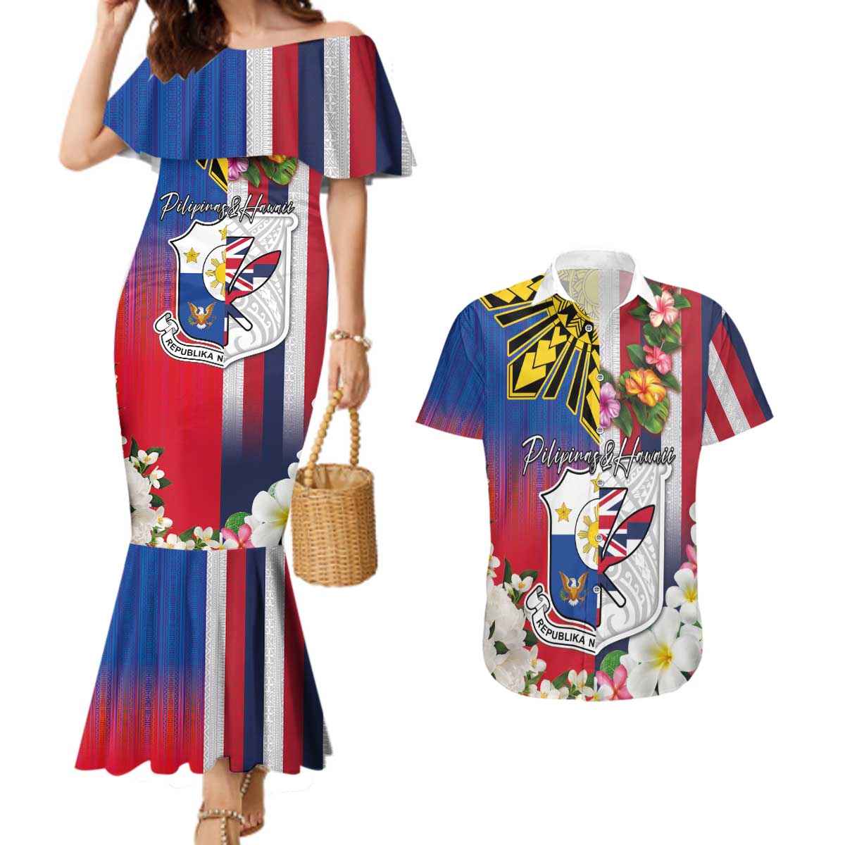 Personalised Hawaii and Philippines Together Couples Matching Mermaid Dress and Hawaiian Shirt The Emblems with Cultural Symbols Blue-White-Red Tricolor
