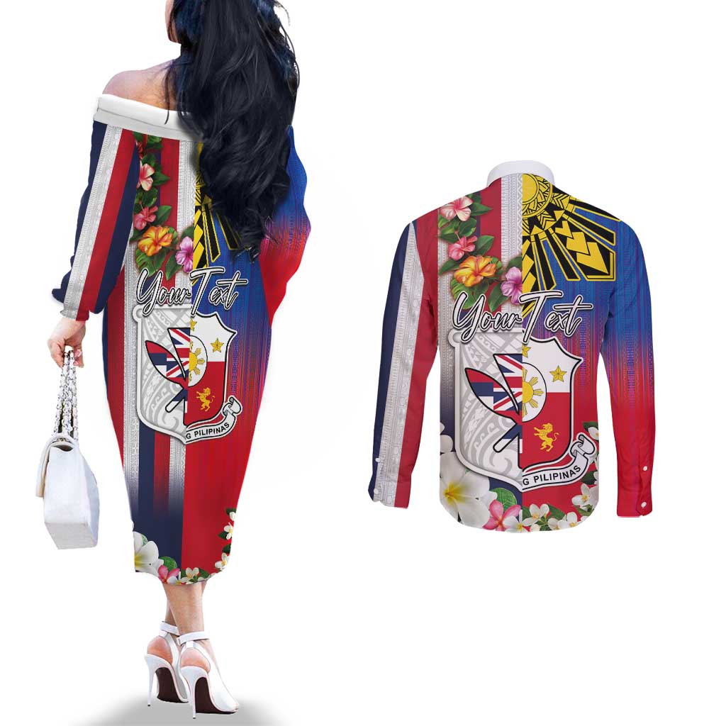 Personalised Hawaii and Philippines Together Couples Matching Off The Shoulder Long Sleeve Dress and Long Sleeve Button Shirt The Emblems with Cultural Symbols Blue-White-Red Tricolor