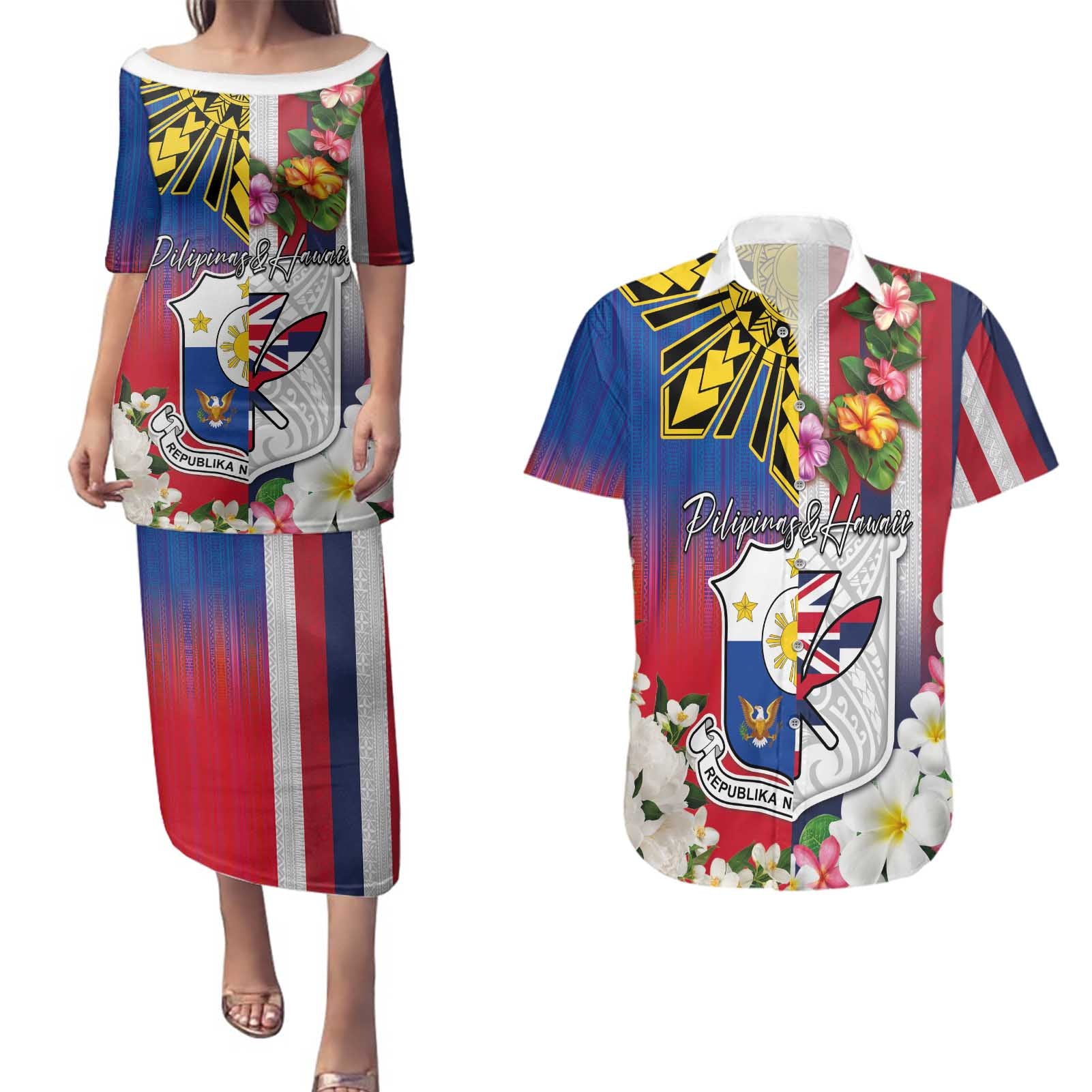 Personalised Hawaii and Philippines Together Couples Matching Puletasi and Hawaiian Shirt The Emblems with Cultural Symbols Blue-White-Red Tricolor