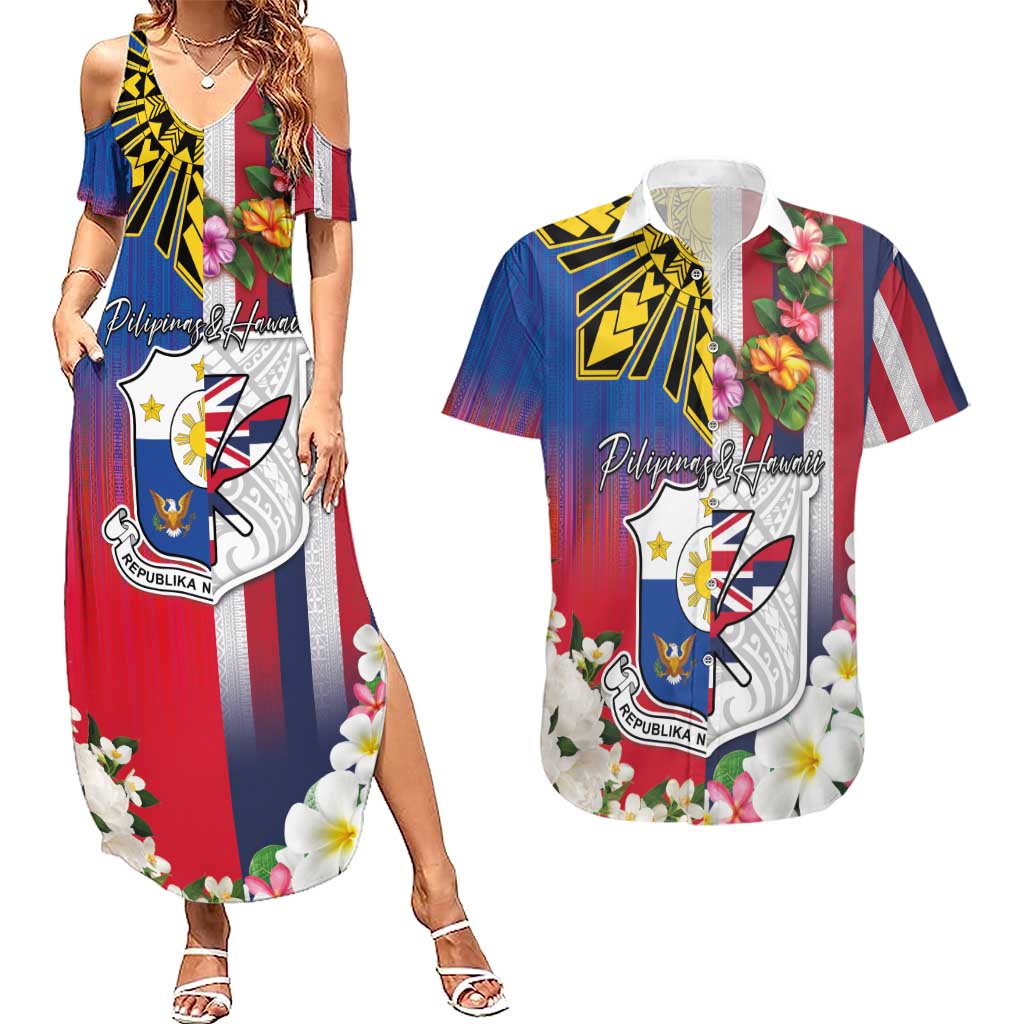 Personalised Hawaii and Philippines Together Couples Matching Summer Maxi Dress and Hawaiian Shirt The Emblems with Cultural Symbols Blue-White-Red Tricolor