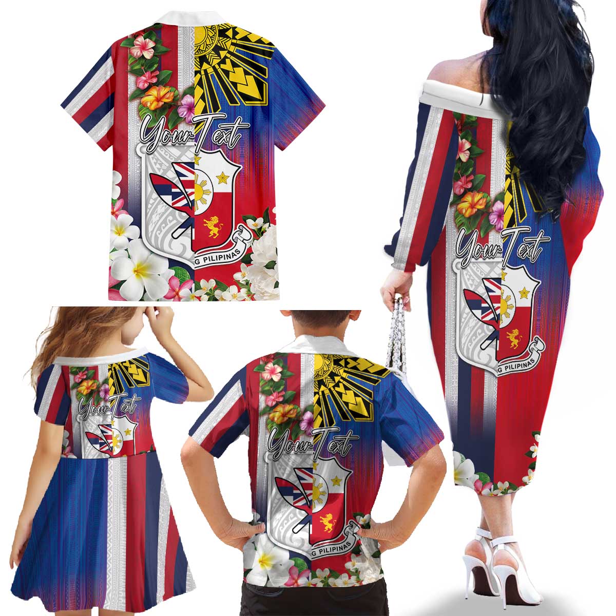 Personalised Hawaii and Philippines Together Family Matching Off The Shoulder Long Sleeve Dress and Hawaiian Shirt The Emblems with Cultural Symbols Blue-White-Red Tricolor