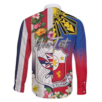 Personalised Hawaii and Philippines Together Family Matching Off The Shoulder Long Sleeve Dress and Hawaiian Shirt The Emblems with Cultural Symbols Blue-White-Red Tricolor