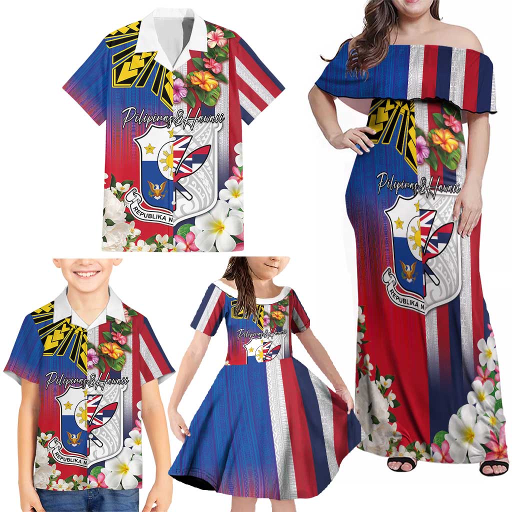 Personalised Hawaii and Philippines Together Family Matching Off Shoulder Maxi Dress and Hawaiian Shirt The Emblems with Cultural Symbols Blue-White-Red Tricolor