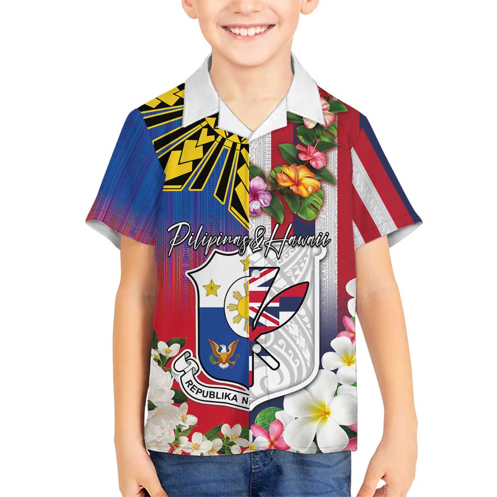 Personalised Hawaii and Philippines Together Family Matching Puletasi and Hawaiian Shirt The Emblems with Cultural Symbols Blue-White-Red Tricolor