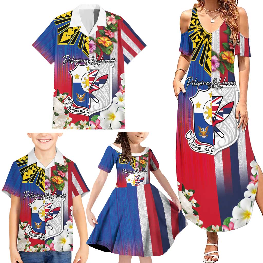 Personalised Hawaii and Philippines Together Family Matching Summer Maxi Dress and Hawaiian Shirt The Emblems with Cultural Symbols Blue-White-Red Tricolor