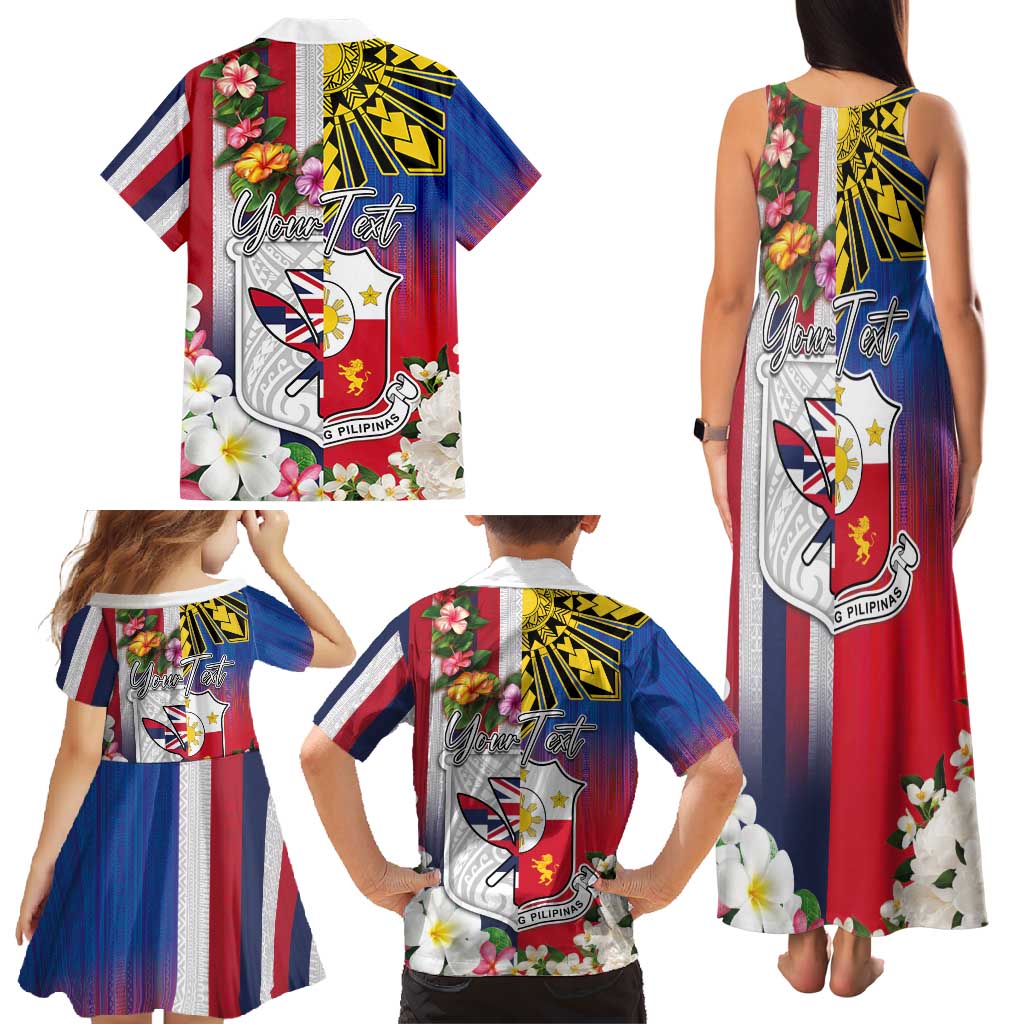 Personalised Hawaii and Philippines Together Family Matching Tank Maxi Dress and Hawaiian Shirt The Emblems with Cultural Symbols Blue-White-Red Tricolor