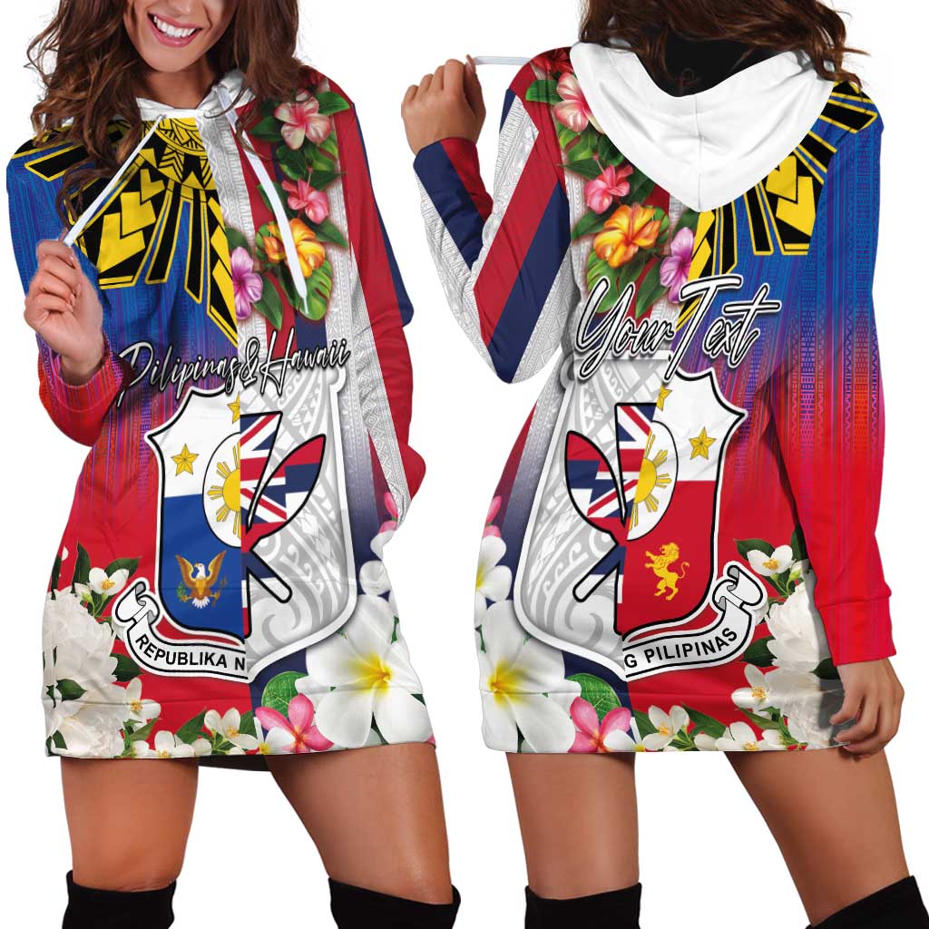 Personalised Hawaii and Philippines Together Hoodie Dress The Emblems with Cultural Symbols Blue-White-Red Tricolor
