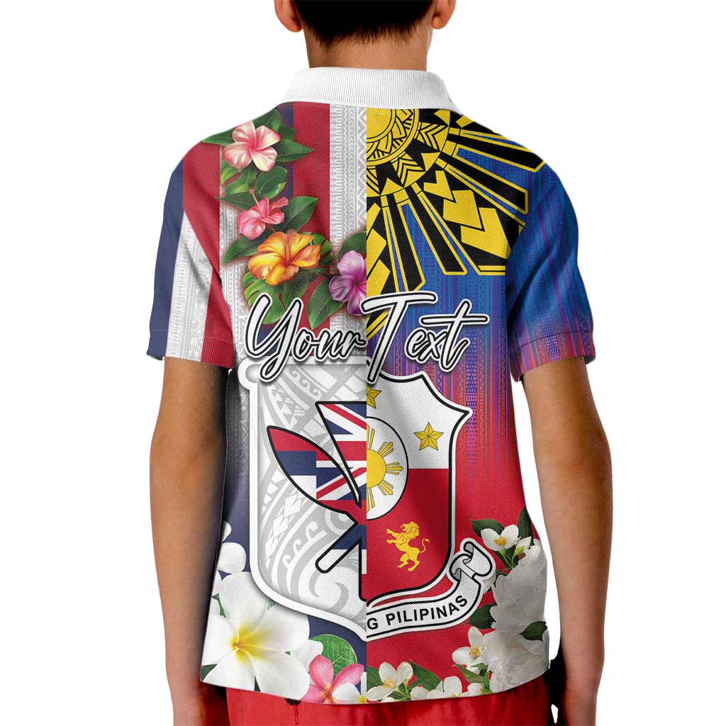 Personalised Hawaii and Philippines Together Kid Polo Shirt The Emblems with Cultural Symbols Blue-White-Red Tricolor
