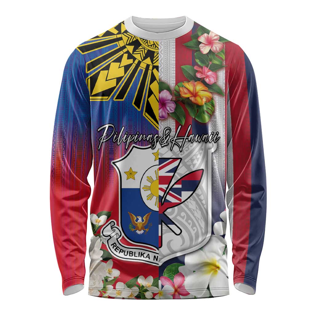Personalised Hawaii and Philippines Together Long Sleeve Shirt The Emblems with Cultural Symbols Blue-White-Red Tricolor