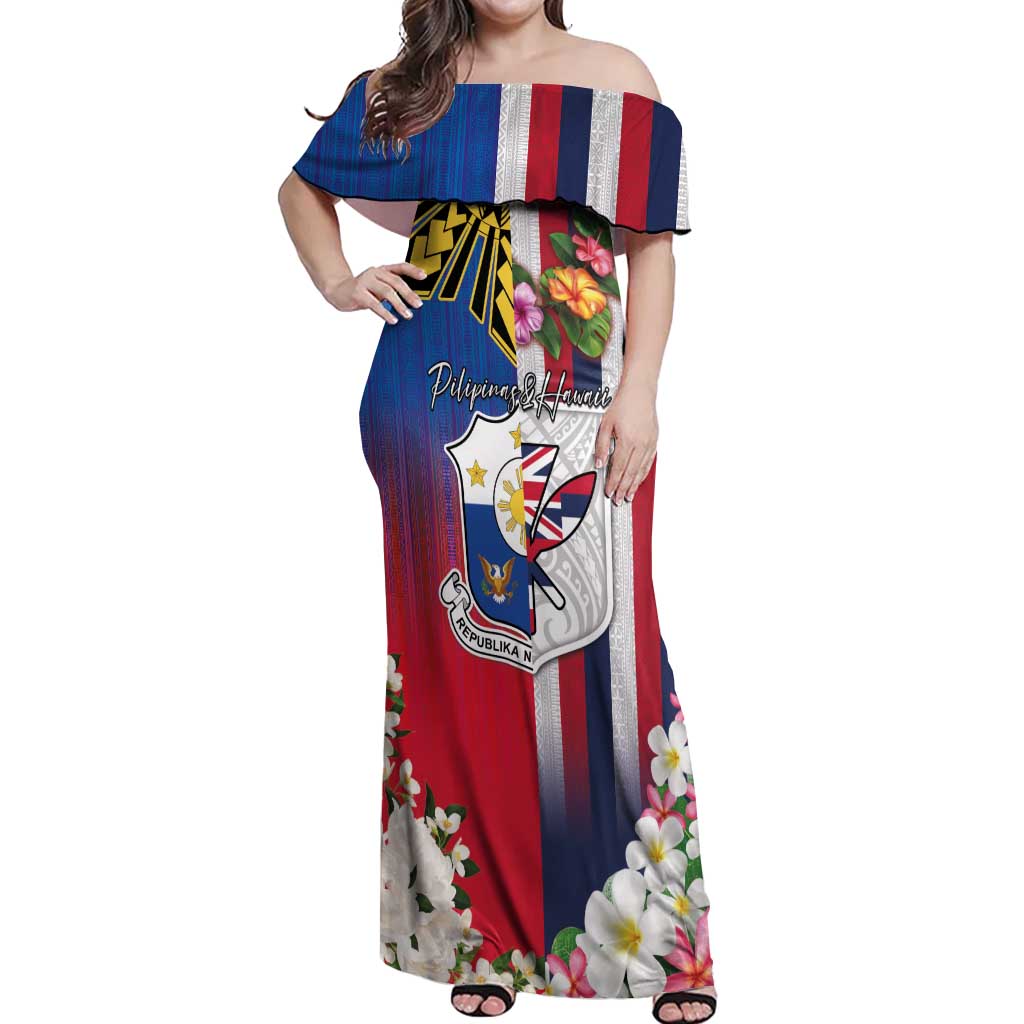 Personalised Hawaii and Philippines Together Off Shoulder Maxi Dress The Emblems with Cultural Symbols Blue-White-Red Tricolor
