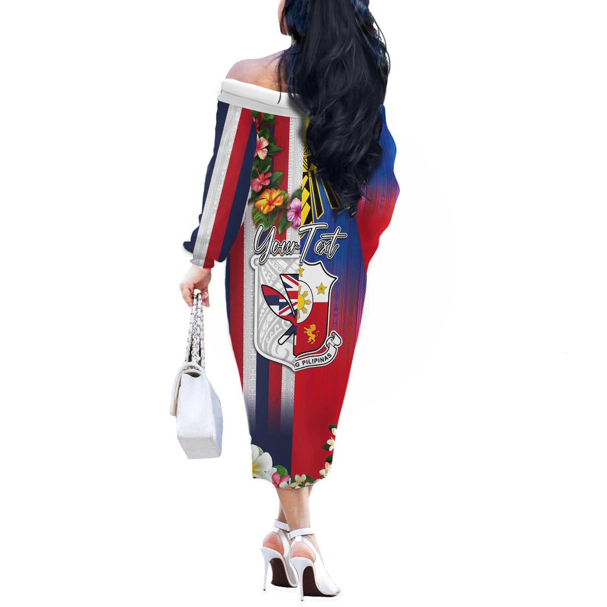 Personalised Hawaii and Philippines Together Off The Shoulder Long Sleeve Dress The Emblems with Cultural Symbols Blue-White-Red Tricolor