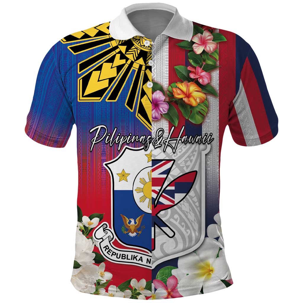 Personalised Hawaii and Philippines Together Polo Shirt The Emblems with Cultural Symbols Blue-White-Red Tricolor