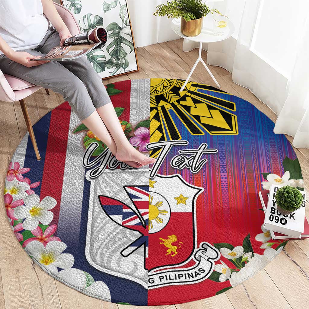 Personalised Hawaii and Philippines Together Round Carpet The Emblems with Cultural Symbols Blue-White-Red Tricolor