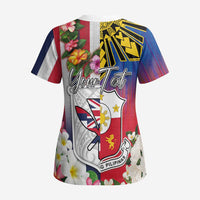 Personalised Hawaii and Philippines Together Scrub Top The Emblems with Cultural Symbols Blue-White-Red Tricolor - Polynesian Pride