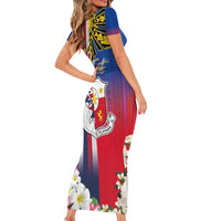 Personalised Hawaii and Philippines Together Short Sleeve Bodycon Dress The Emblems with Cultural Symbols Blue-White-Red Tricolor