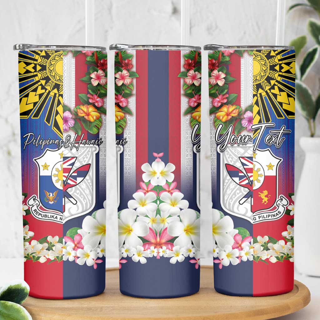 Personalised Hawaii and Philippines Together Skinny Tumbler The Emblems with Cultural Symbols Blue-Red Gradient