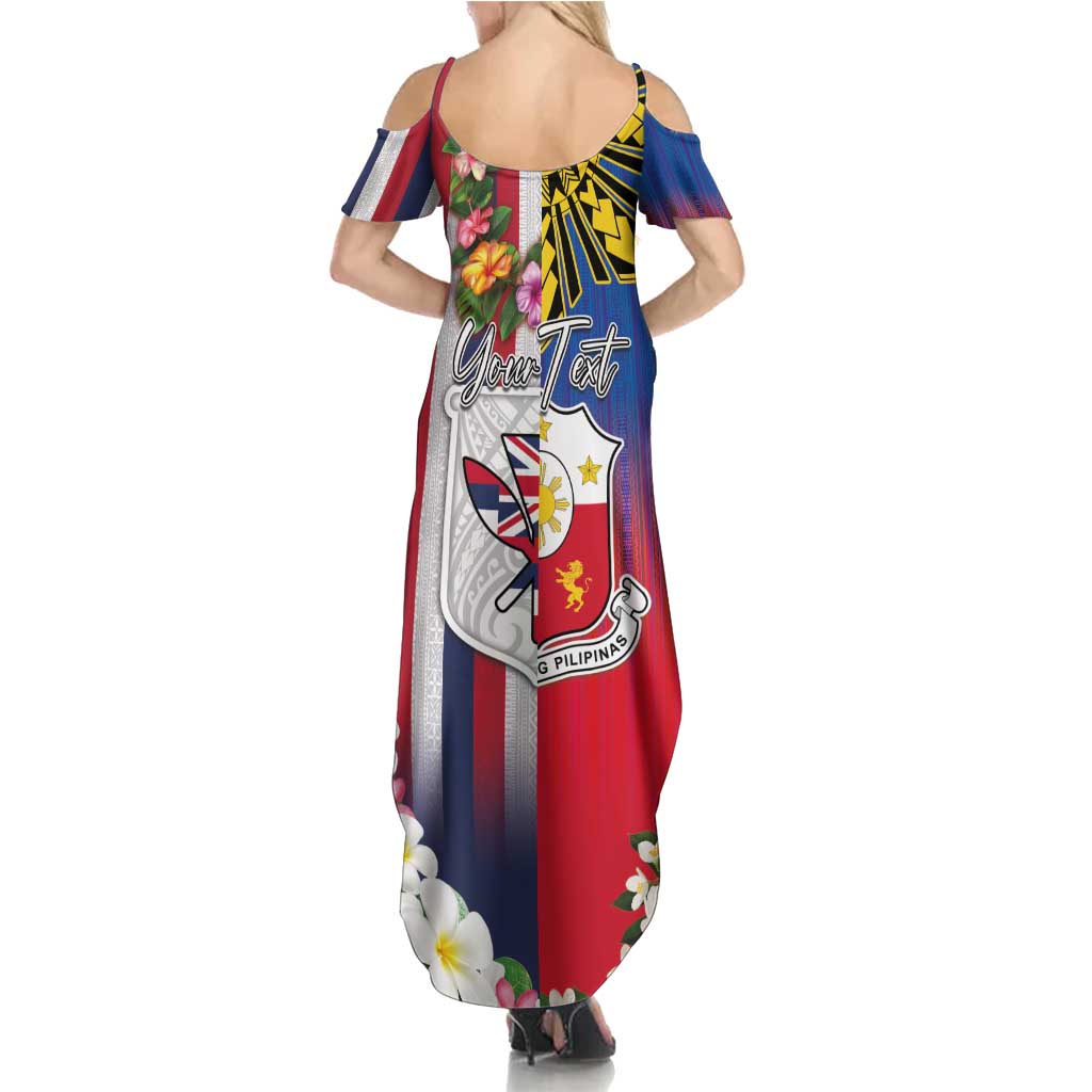Personalised Hawaii and Philippines Together Summer Maxi Dress The Emblems with Cultural Symbols Blue-White-Red Tricolor