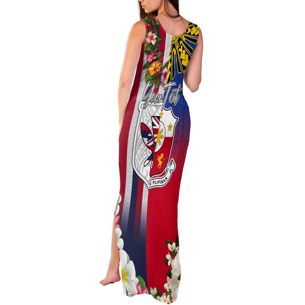 Personalised Hawaii and Philippines Together Tank Maxi Dress The Emblems with Cultural Symbols Blue-White-Red Tricolor