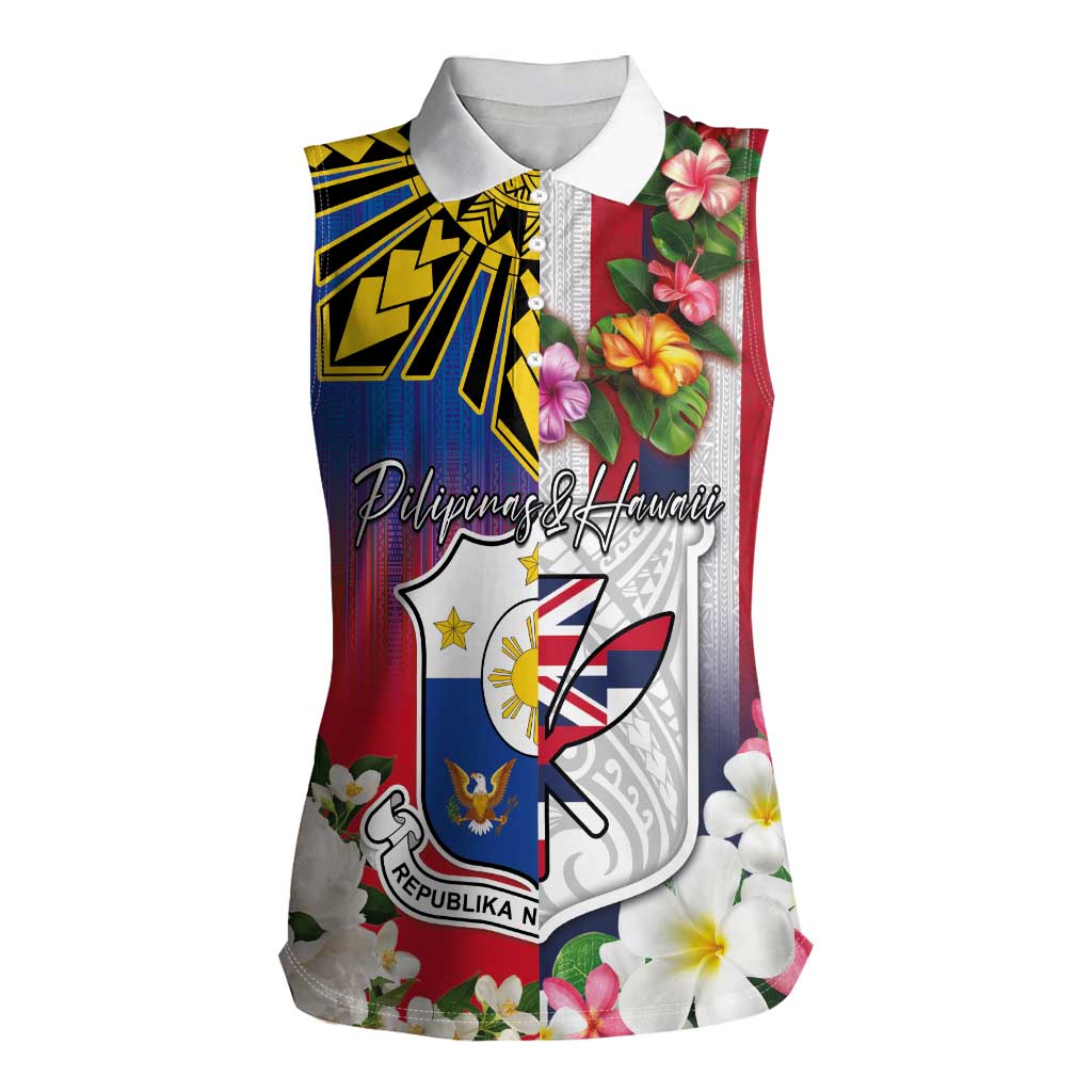 Personalised Hawaii and Philippines Together Women Sleeveless Polo Shirt The Emblems with Cultural Symbols Blue-White-Red Tricolor