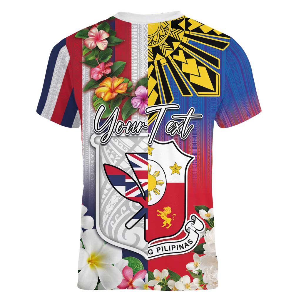 Personalised Hawaii and Philippines Together Women V-Neck T-Shirt The Emblems with Cultural Symbols Blue-White-Red Tricolor