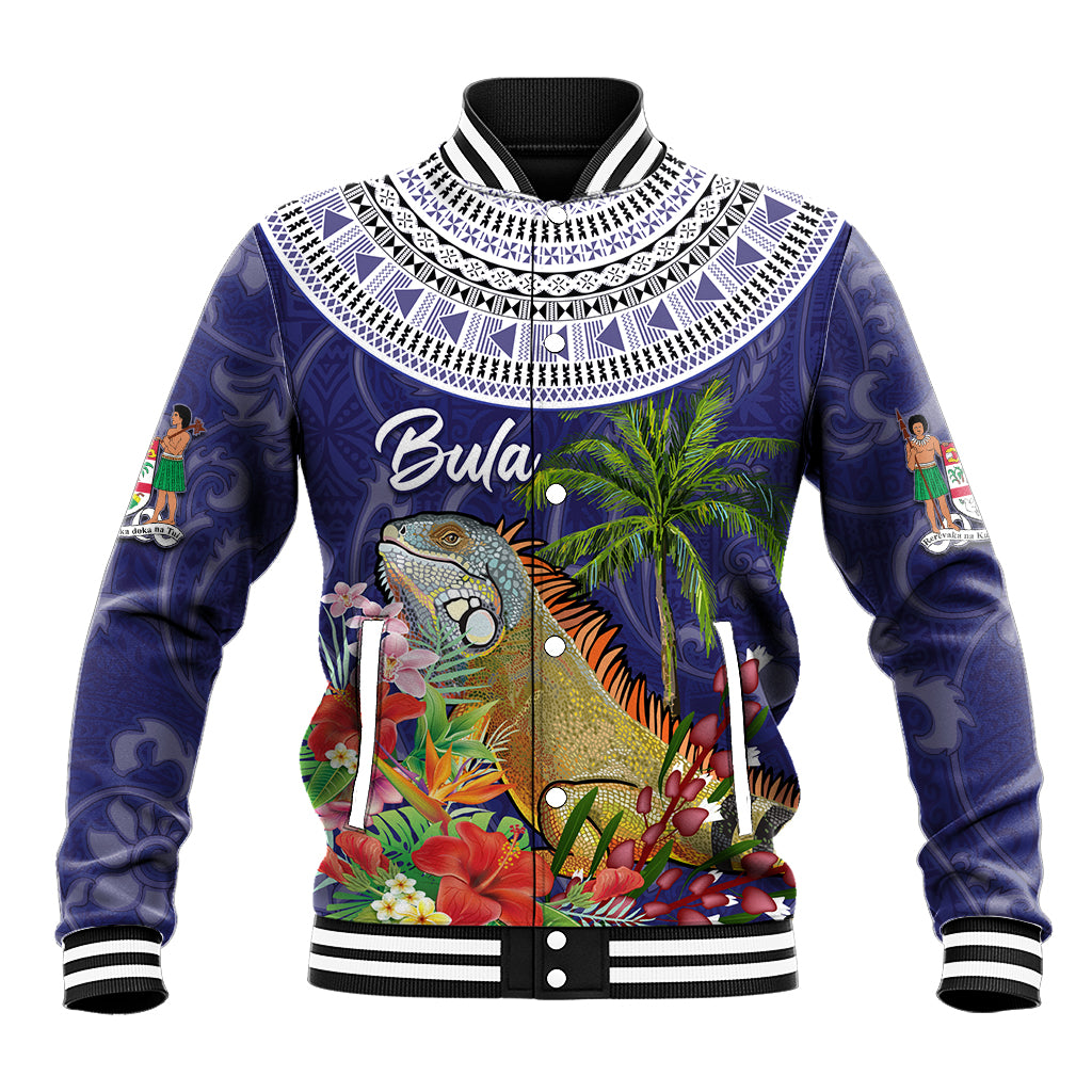 Bula Fiji Crested Iguana Baseball Jacket Tagimaucia Tapa Tribal Blue Color LT03 Unisex Blue - Polynesian Pride