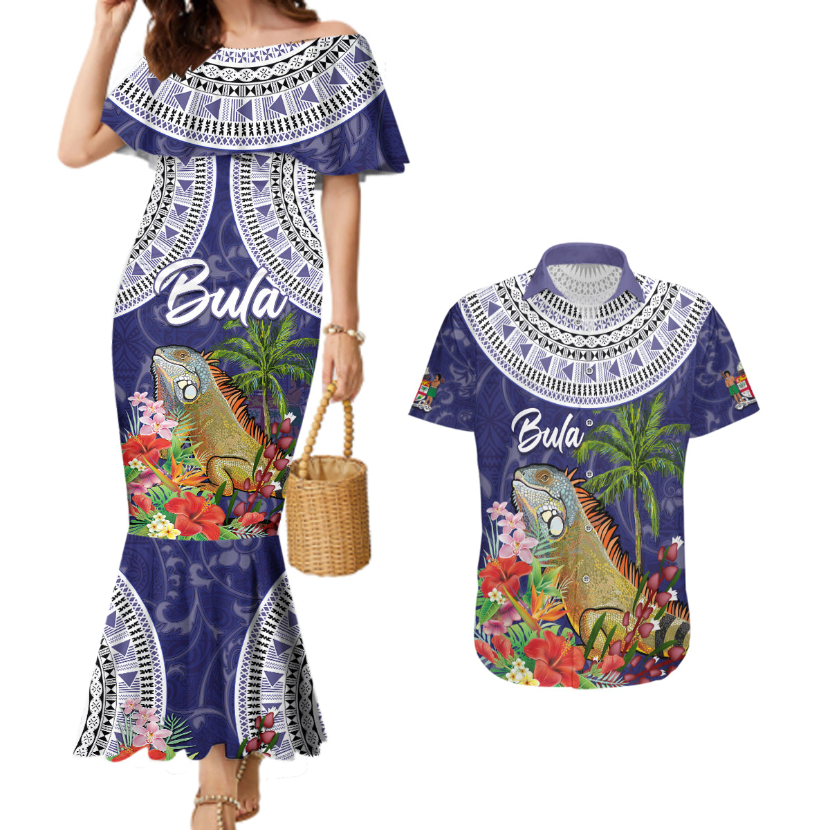 Bula Fiji Crested Iguana Couples Matching Mermaid Dress and Hawaiian Shirt Tagimaucia Tapa Tribal Blue Color LT03 Blue - Polynesian Pride