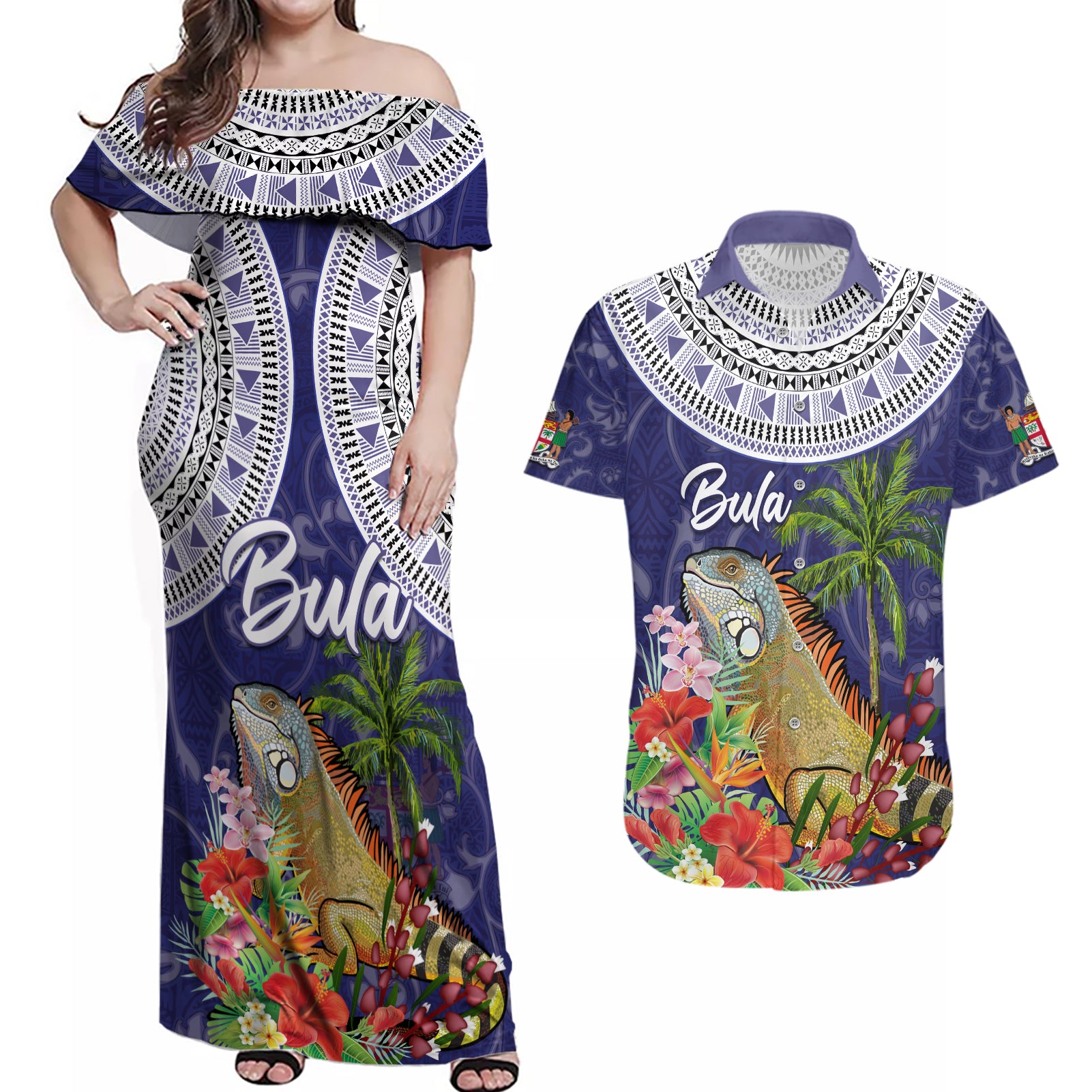 Bula Fiji Crested Iguana Couples Matching Off Shoulder Maxi Dress and Hawaiian Shirt Tagimaucia Tapa Tribal Blue Color LT03 Blue - Polynesian Pride