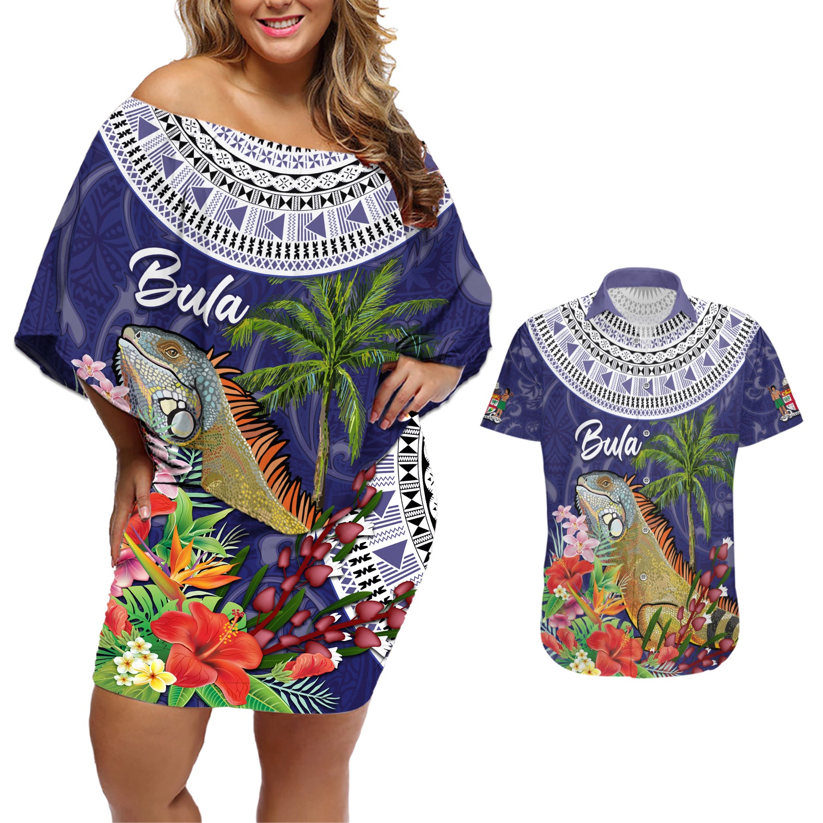 Bula Fiji Crested Iguana Couples Matching Off Shoulder Short Dress and Hawaiian Shirt Tagimaucia Tapa Tribal Blue Color LT03 Blue - Polynesian Pride