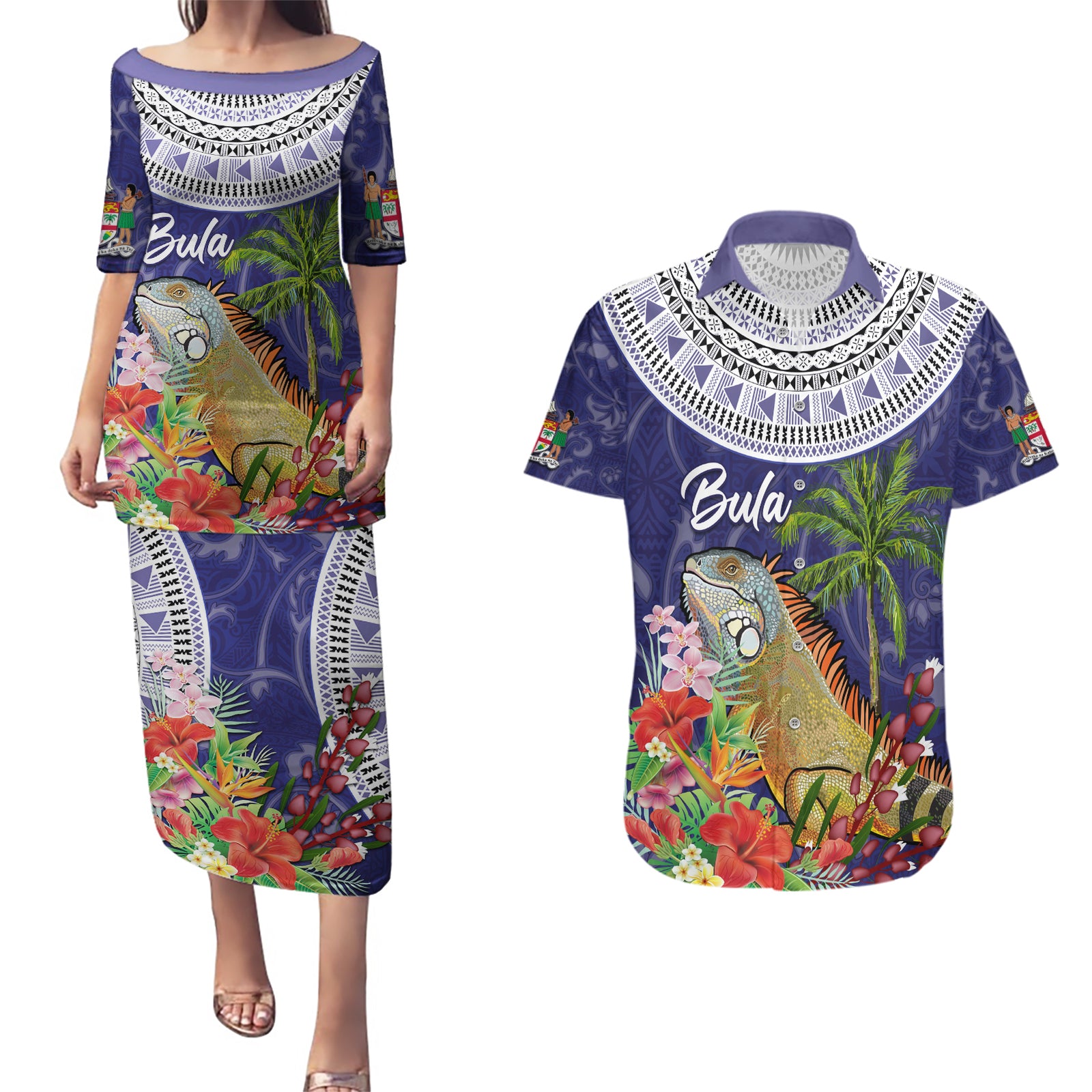 Bula Fiji Crested Iguana Couples Matching Puletasi and Hawaiian Shirt Tagimaucia Tapa Tribal Blue Color LT03 Blue - Polynesian Pride